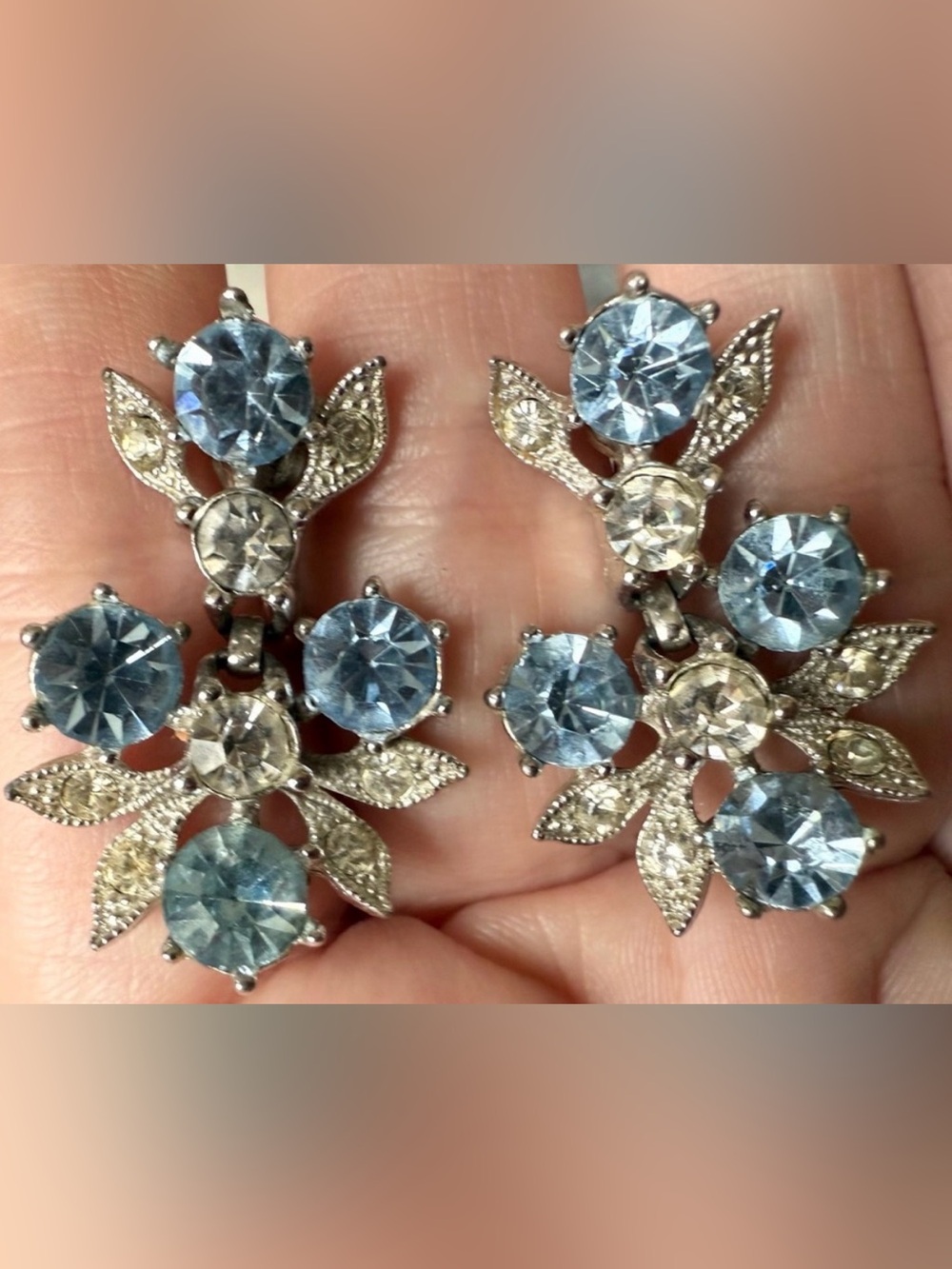 VTG Bogoff Screw On Silver Tone and Blue Rhinestone Earrings Clear Signed